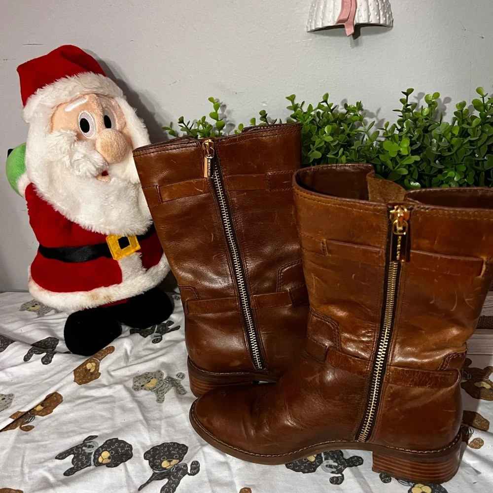 Michael Kors Chestnut Leather Boots with Gold Buckles